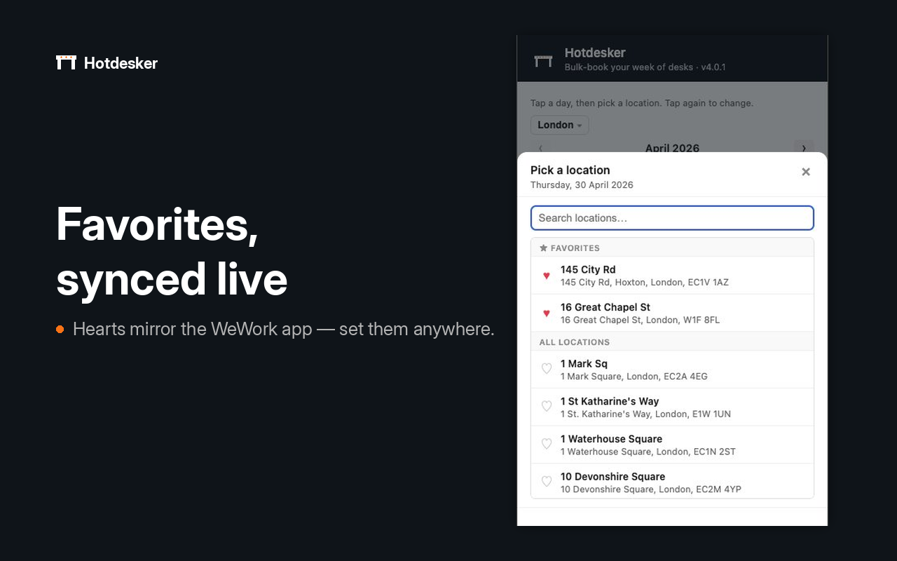 The location picker with favorited buildings pinned to the top.