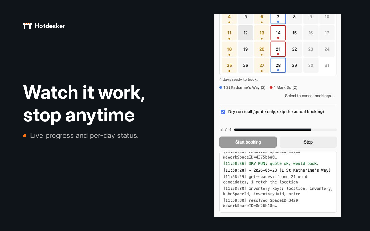 A live progress log shows per-day booking status with a 3 of 4 progress bar.