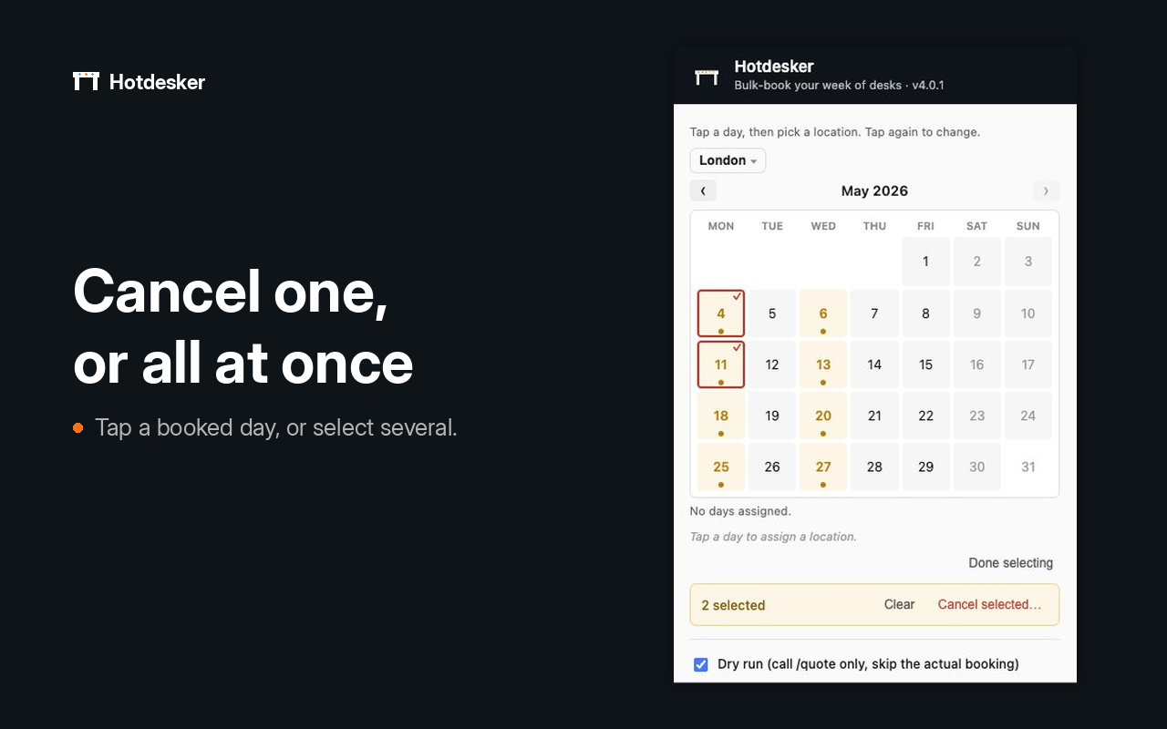 Two booked days are selected for bulk cancellation, with a Cancel selected button visible.